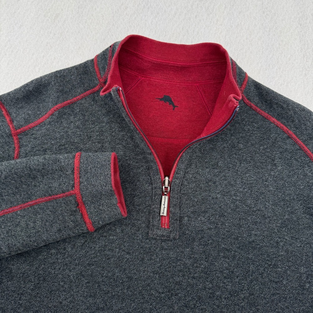 Tommy Bahama Mens L Reversible Quarter Zip Pullover Sweater Gray/Red Coastal